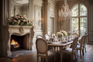 French Provincial Dining Room Designs: Elegant Fireplace Setting - obrazy, fototapety, plakaty
