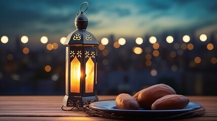 Lantern that have moon symbol on top and small plate of dates fruit with night sky and city bokeh light background for the Muslim feast of the holy month of Ramadan Kareem - obrazy, fototapety, plakaty