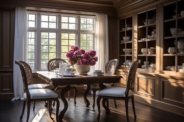 French Provincial Dining Room Designs: Wood Finish Pendant Light Elegance - obrazy, fototapety, plakaty