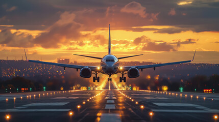 airplane flies in the sunset sky, pink clouds, big modern plane, flight, wings, transport, fuselage, air, beauty, space for text, airline, travel, nature, light, sun, runway, takeoff - obrazy, fototapety, plakaty