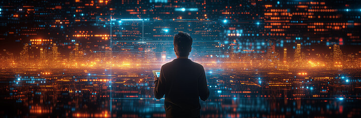 Unique Visualization of Digital Connectivity: A Man Grasps a Tablet with Abstract Cityscape Network Background