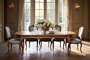 Solid Wood French Provincial Dining Room Table on Classic Design Aesthetics. - obrazy, fototapety, plakaty