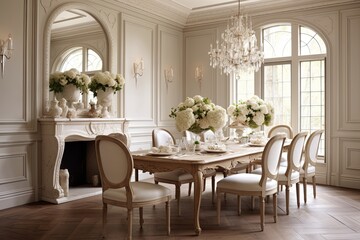 Fototapeta na wymiar French Provincial Dining Room Designs: Serene Beige Toned Retreat