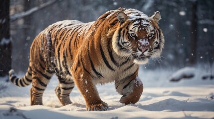 Fototapeta premium Tiger running in the snow in the winter nature forest.