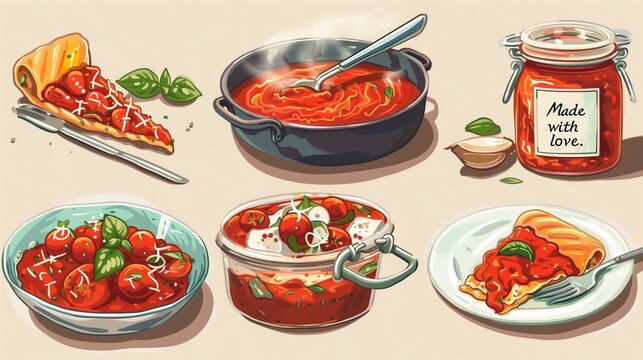 A variety of images of tomato sauce, both in the process of being cooked and served. Illustration.