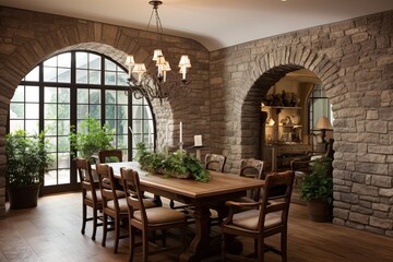 French Provincial Villa Style Stone Walls: Elegant Dining Room Designs - obrazy, fototapety, plakaty