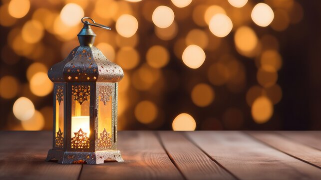 Lightened lantern on wooden table over bokeh background. Ramadan kareem holiday celebration concept