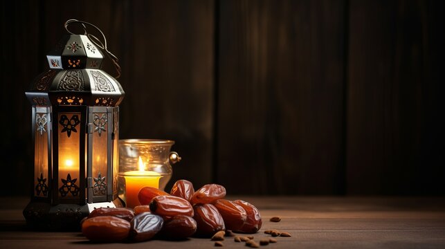 Low light photo of Lantern, Dates fruit and rosary for Ramadan and Eid greeting