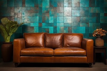 Hand-Painted Tile Home Accents: Brown Leather Sofa Backdrop Masterpiece