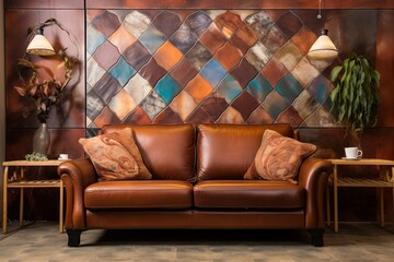 Hand-Painted Tile Home Accents: Brown Leather Sofa Backdrop Elegance