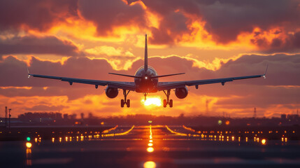 airplane flies in the sunset sky, pink clouds, big modern plane, flight, wings, transport, fuselage, air, beauty, space for text, airline, travel, nature, light, sun