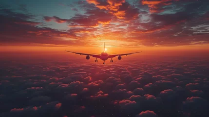 Fotobehang airplane flies in the sunset sky, pink clouds, big modern plane, flight, wings, transport, fuselage, air, beauty, space for text, airline, travel, nature, light, sun © Julia Zarubina