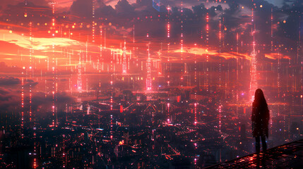 Futuristic Cityscape, Woman Standing Against Vibrant Red Lighting of Dynamic Technology, Modern Concept for Urban Digital Innovation, Abstract Urban Architecture with Neon Glow.
