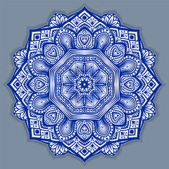 Vector abstract circular mandala design decorative element ethnic style. Blue line and white area for coloring. Shadow around of mandala. Arab, Islam, Indian, Chinese. Yoga illustration.