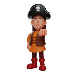    3D illustration. 3D pirate Character with clenched fists. hands are on your waist. showing a funny smiling facial expression. 3D Cartoon Character