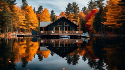 Fototapeta premium Serene lakeside escape among majestic pine trees with rustling leaves and distant loon calls