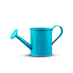 Blue metal watering can for flowers. Isolated on a white background. Design object.