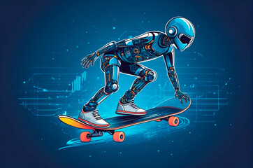 Artificial intelligence on a skateboard, in the world of digital computers, vector style. Generative AI