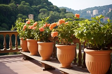 Fototapeta na wymiar Terracotta Mediterranean Balcony Design: Apartment Style with Flower Pots Galore