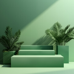 A serene minimalist setup featuring potted tropical plants surrounding a circular pedestal against a textured green backdrop.