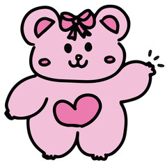 Hand drawn teddy bear with pink ribbon for cartoon character, comic, mascot, toy, doll, brand logo, animal icon, sticker, figure, tattoo, print, card, vet, fabric, childhood pattern, clothing, ads