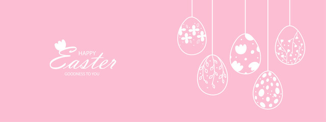 Easter web banner with garland of vintage Easter eggs on pink background with place for text. Garland with silhouettes of vintage eggs suspended on strings.