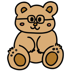 Hand drawn teddy bear with glasses for cartoon character, comic, mascot, toy, doll, brand logo, animal icon, sticker, figure, tattoo, print, card, pet, vet, fabric, childhood pattern, student, study