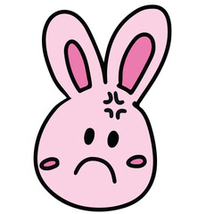 Hand drawn sad bunny for cartoon character, comic, mascot, toy, doll, brand logo, animal icon, sticker, figure, tattoo, print, card, pet, vet, fabric, childhood pattern, clothing, ads, pink bunny