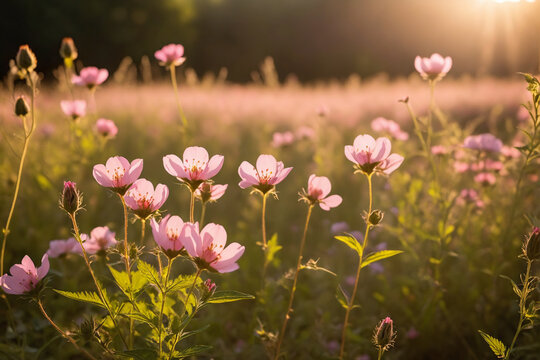 Soft pink wildflowers basking in golden light