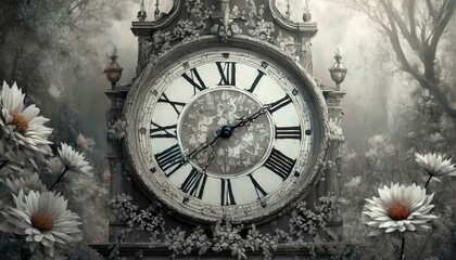 A black and white photo of a clock with a floral design on the front and sides of the clock