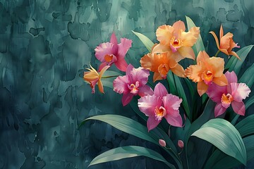 Colorful orchids on a green background