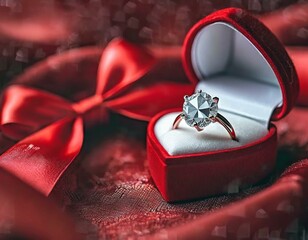 A close up of a diamond ring in a heart - shaped box on a red satin material with a red sati