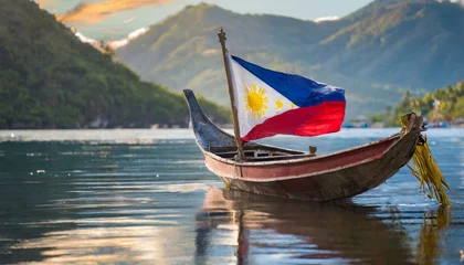Schilderijen op glas Philippines nature. Old boat with a cultural flag © Denis