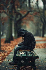 A man wearing a hood, looking down at the floor while seated on a bench in the middle of the road, against the backdrop of the fall season