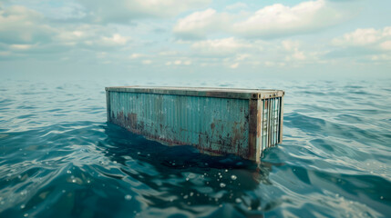 Shipping cargo container floating in the ocean. Lost container.