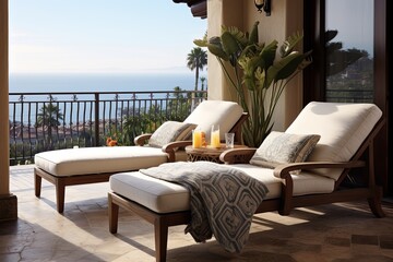 Mediterranean Balcony Design: Hollywood Glam Cushioned Lounge Chairs Inspiration