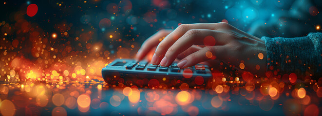 Data Creation with a Calculator: A Person Hand Touching calculator in Bokeh Panorama with Commercial and Dreamy Imagery