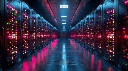 A modern high-tech internet data center room with racks of network and server hardware is shown in an abstract form. - obrazy, fototapety, plakaty