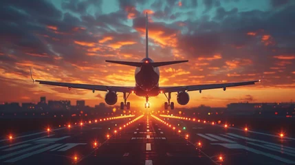 Fotobehang airplane flies in the sunset sky, pink clouds, big modern plane, flight, wings, transport, fuselage, air, beauty, space for text, airline, travel, nature, light, sun, runway, takeoff © Julia Zarubina