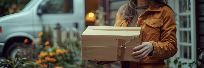 Delivery worker woman delivering a cardboard box. Van behind. Residential neighborhood delivery concept. Design for banner, poster, advertisement.