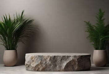 3D product display. Stone and plants mockup.