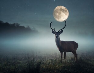 A deer standing in the middle of a foggy field at night with a full moon in the sky behind i - obrazy, fototapety, plakaty