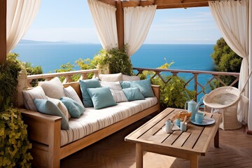 Fototapeta na wymiar Rustic Wooden Furniture & Sea Hues: Mediterranean Balcony Design Inspirations