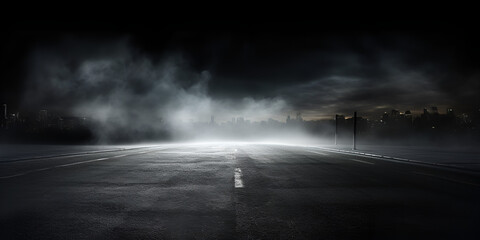 Road asphalt on black background with mist or fog