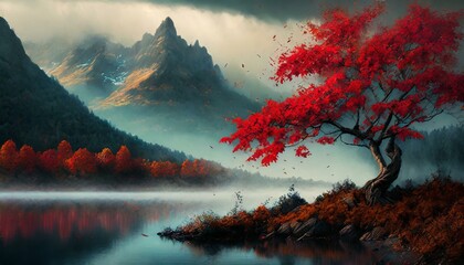 A painting of a tree with red leaves blowing in the wind next to a body of water with a moun - obrazy, fototapety, plakaty