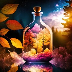 A very detailed fine glass forest autumn season painting on glass bottle with glass colours,