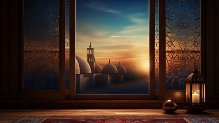 Ramadan Kareem background with  mosque window and table - obrazy, fototapety, plakaty