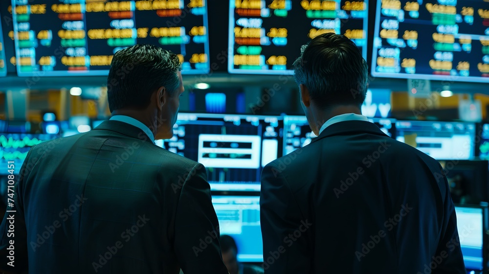 Poster businessmen analyzing stock market data on multiple computer screens in a high-tech trading office. 