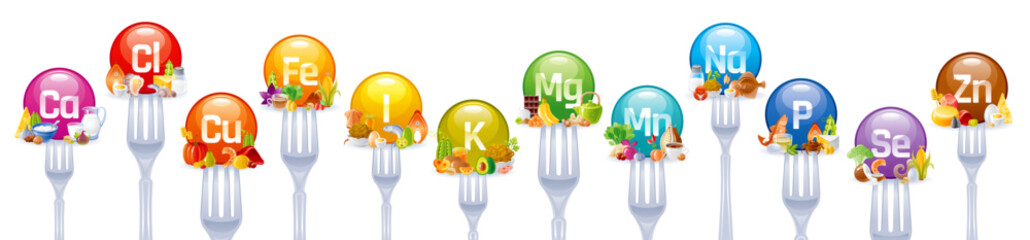 Vitamins and minerals, nutrition supplements icons. Multi complex of calcium, zinc, iron, magnesium, selenium and phosphorus. Minerals and food products on forks, vector cartoon illustration - obrazy, fototapety, plakaty