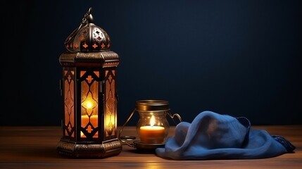Ramadan lantern and rosary on dark background - obrazy, fototapety, plakaty